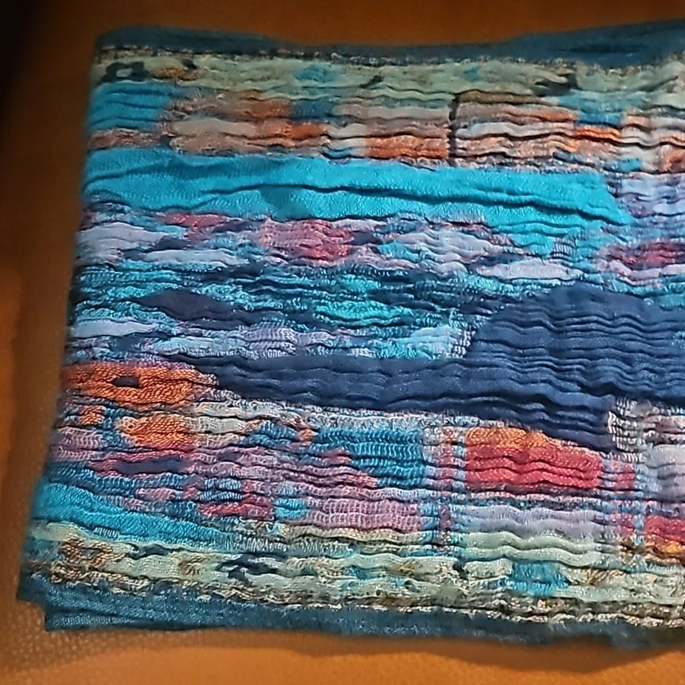 VTG Handwoven Turquoise Multi-color Rainbow Crinkle Fringe Scarf